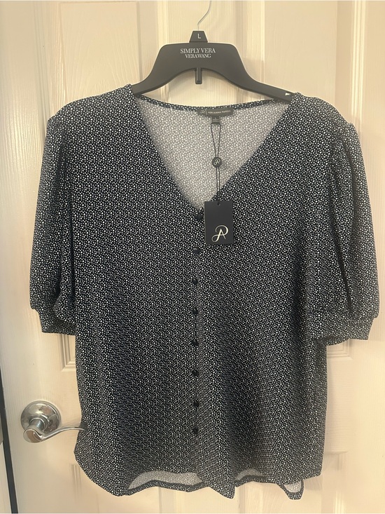 a new day Tops - Adrianna Papell Navy/ White  V-Neck Button Front Dot Blouse
